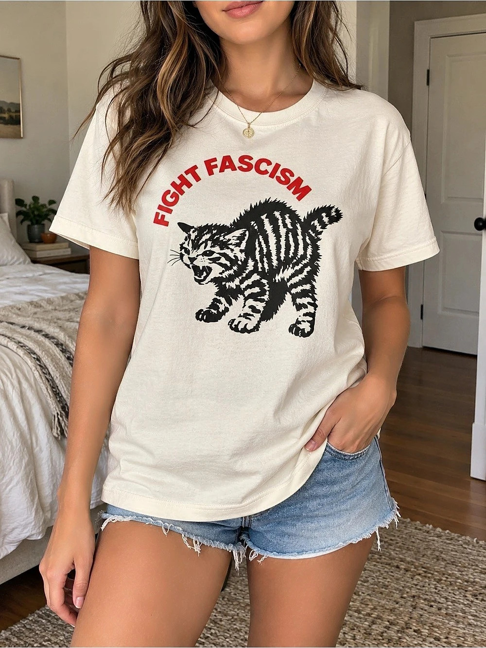 Gildan 5000 Fight Fascism Angry Cat Graphic Tee Cream Large